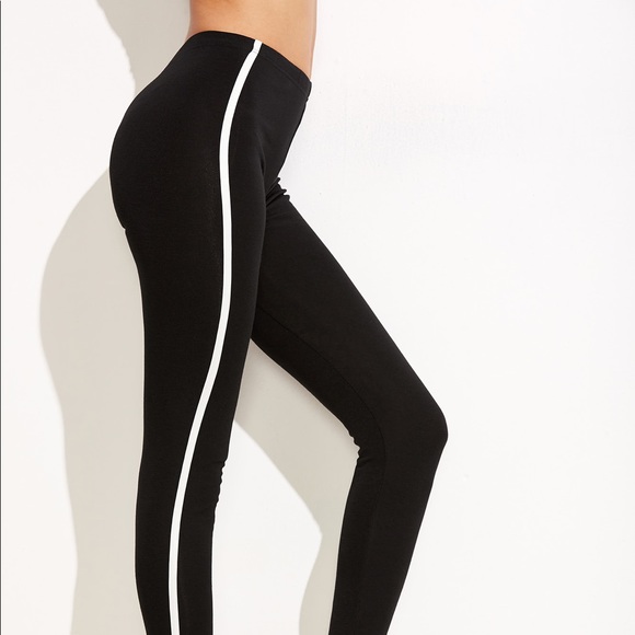 Black Cropped Leggings WIth White Stripe - Picture 3 of 5